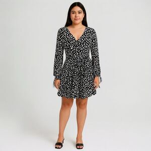 NEW NWT boohoo Ruffle Front Tie Sleeve Leopard Print Tea Dress Black White 10